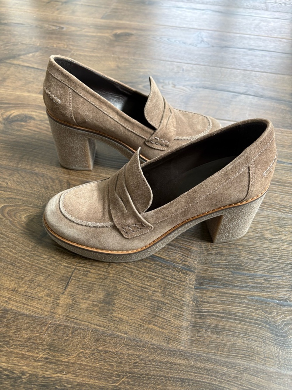 Aquatalia Taupe Suede Block Heel Loafers